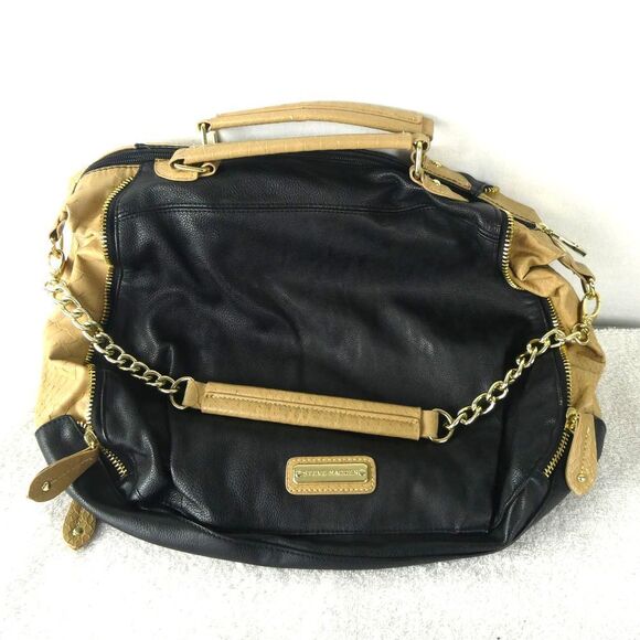 Steve Madden Black Tan Cream Faux Leather Shoulder Bag Purse Zip Detail Chain - Picture 1 of 7